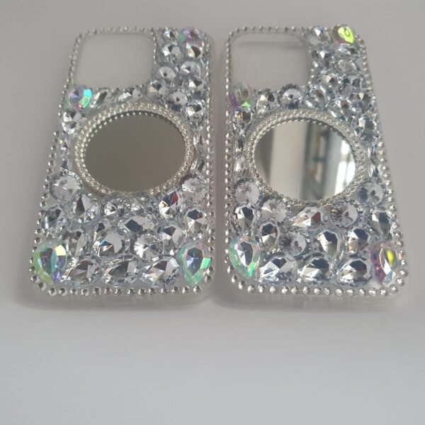 2 Luxury Crystal Diamond Round-Shaped Makeup Mirror Phone Case on a white background